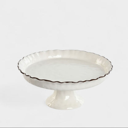 Assiette sur pied ondulé blanche liseré marron CELESTE