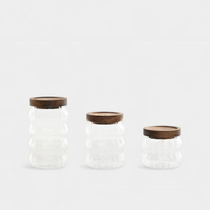 Bocaux en verre ondulé avec couvercle bois