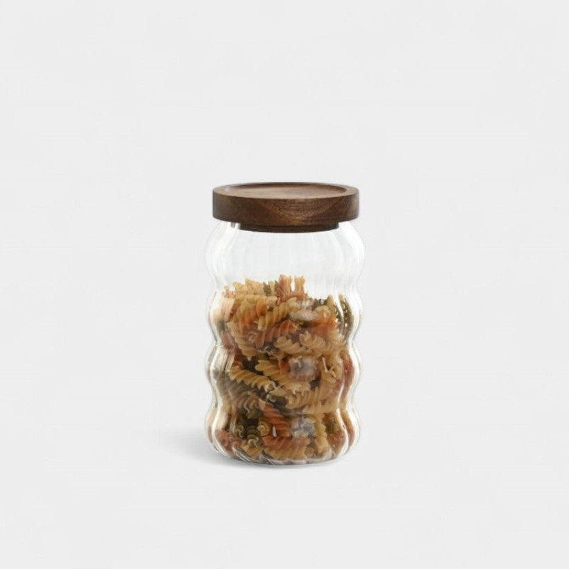 Bocaux en verre ondulé avec couvercle bois