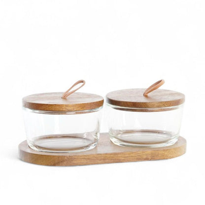 Duo de contenants en verre sur base bois