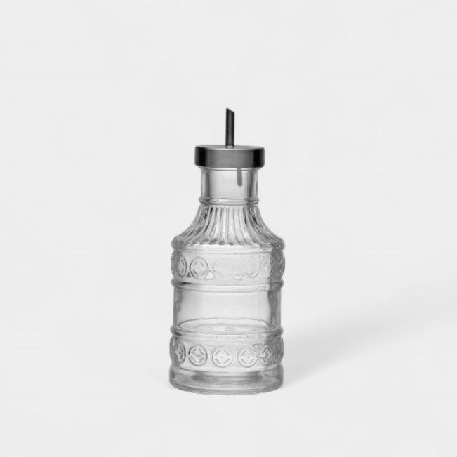 Huilier en verre décoré avec bec verseur inox
