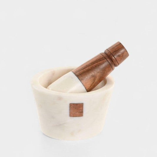 Mortier de cuisine en marbre blanc et bois d'acacia