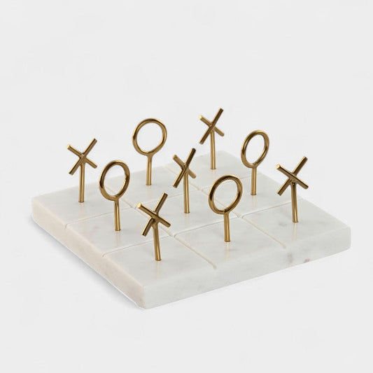 Jeu de morpion en marbre blanc et acier doré