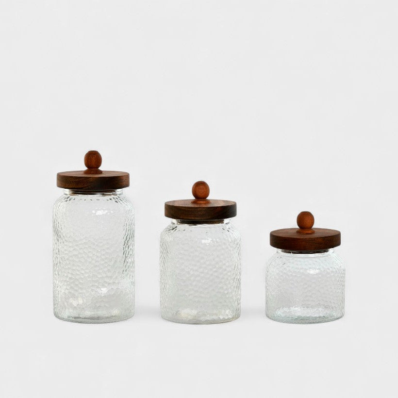 Set 3 Bocaux en verre martelé et bois d'acacia