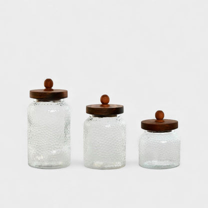 Set 3 Bocaux en verre martelé et bois d'acacia