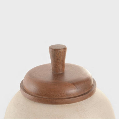 Vase Blanc Cassé avec couvercle en bois