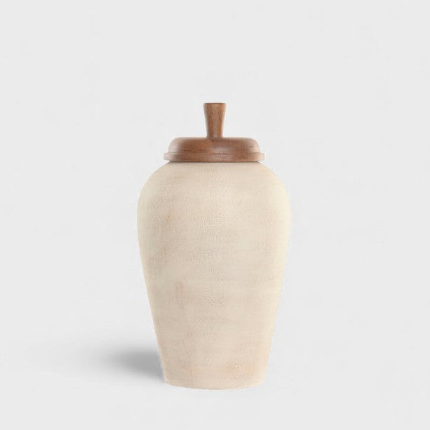 Vase Blanc Cassé avec couvercle en bois