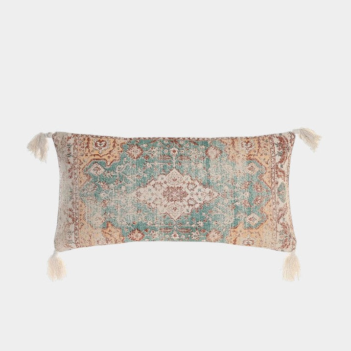 Coussin à motif oriental vieilli, tons beige et bleu