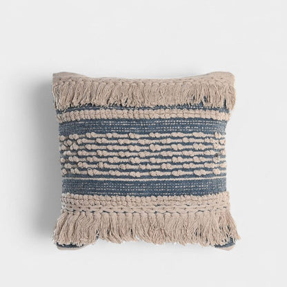 Coussin en coton texturé beige & bleu avec franges