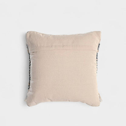 Coussin en coton texturé beige & bleu avec franges