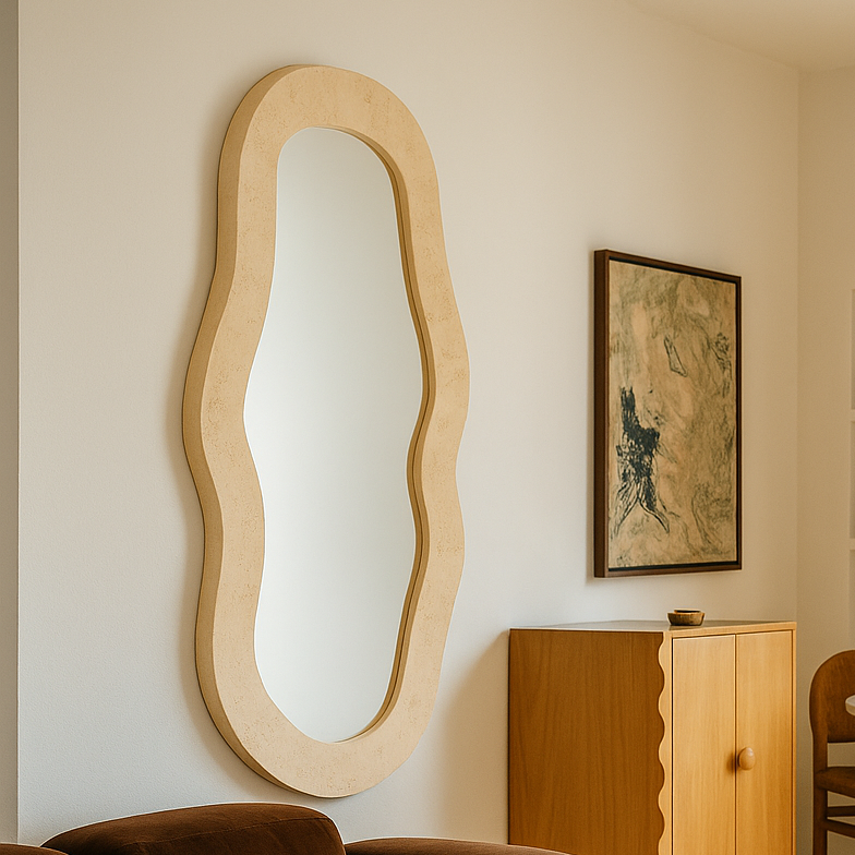 Grand miroir mural organique beige