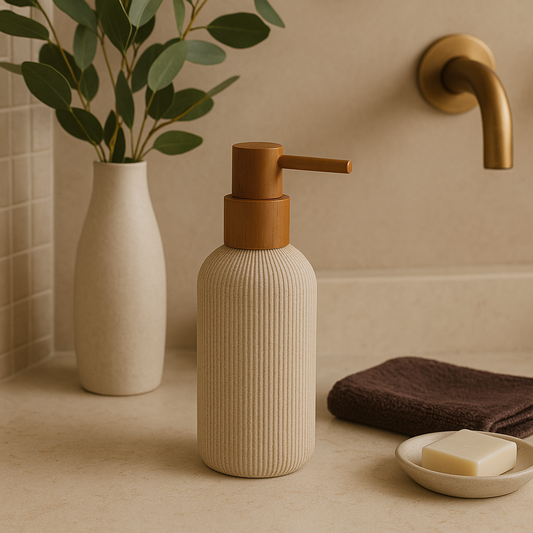 Distributeur savon en résine nervurée beige et marron NOBU
