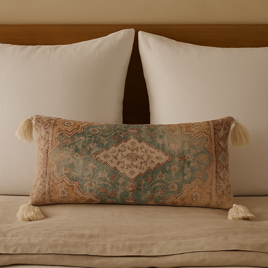 Coussin à motif oriental vieilli, tons beige et bleu
