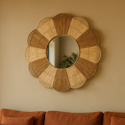 Miroir mural rond en rotin bicolore