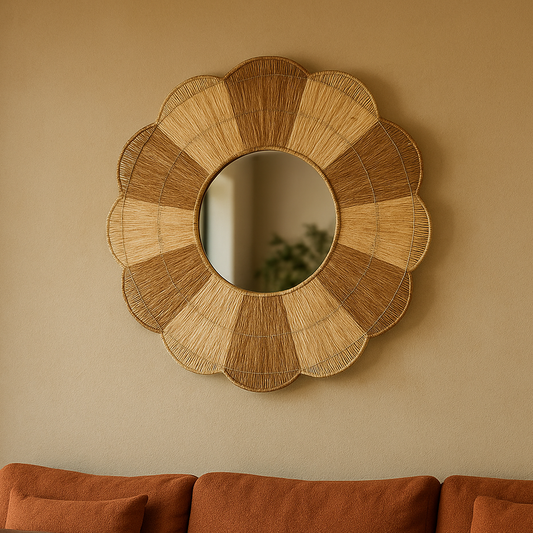 Miroir mural rond en rotin bicolore
