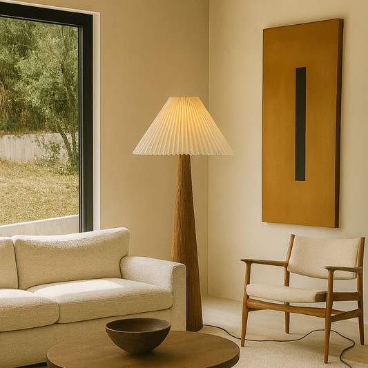 Lampadaire haut bois et abat-jour plissé crème CONSTANCE