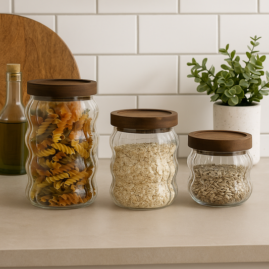 Bocaux en verre ondulé avec couvercle bois