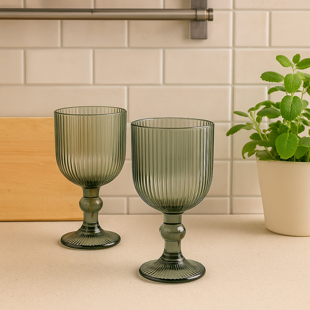 Verres sur pieds strié vert gris (6 Unités)