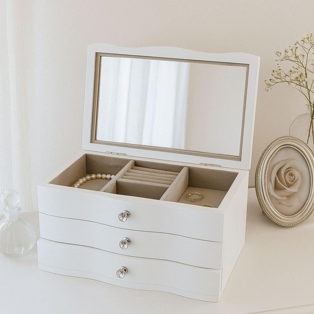 Boîte à bijoux avec tiroir et miroir blanche