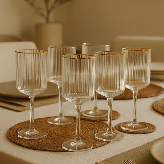 Verres à pied en verre nervuré et liseré doré CLÉO (6 unités)