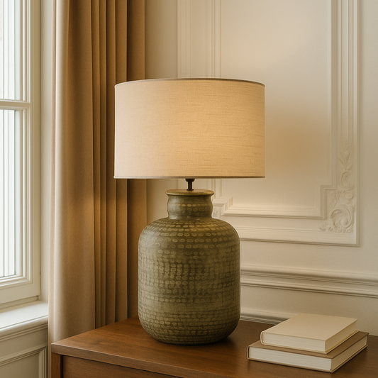Lampe de table en aluminium vert avec abat-jour beige