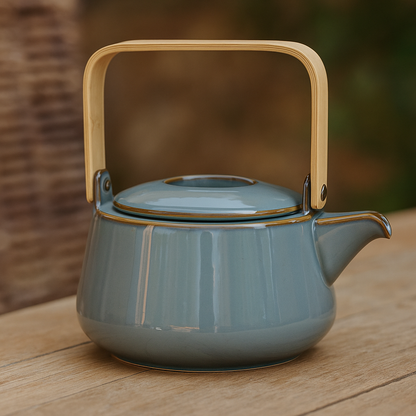 Théière en porcelaine bleu grisé avec anse en bois HANA