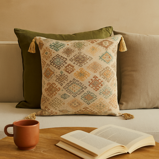 Coussin décoratif à motifs ethniques avec pompons