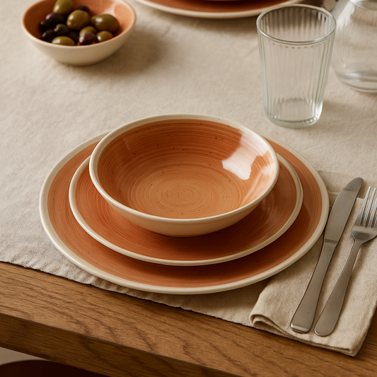 Service d'assiette en grès orange et blanc