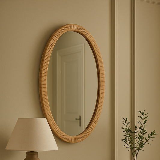 Miroir mural oval en rotin naturel