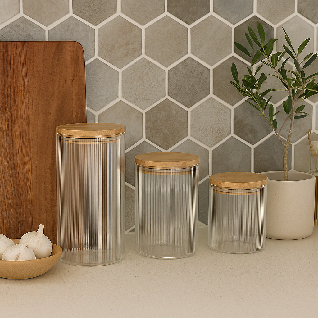 Set de 3 bocaux en verre rainuré avec couvercle en bambou
