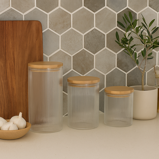 Set de 3 bocaux en verre rainuré avec couvercle en bambou