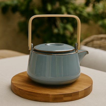Théière en porcelaine bleu grisé avec anse en bois HANA