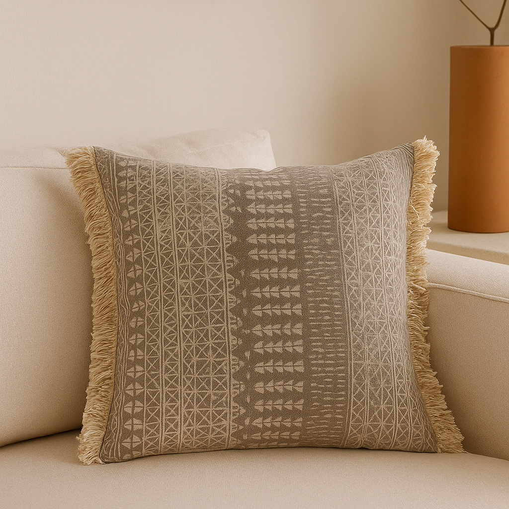Coussin carré à franges à motif bohème beige ANITA