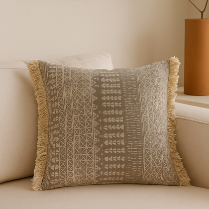 Coussin carré à franges à motif bohème beige ANITA