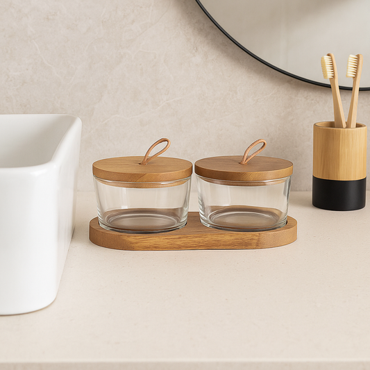 Duo de contenants en verre sur base bois