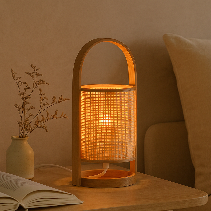 Lampe à poser en rotin et bambou avec anse
