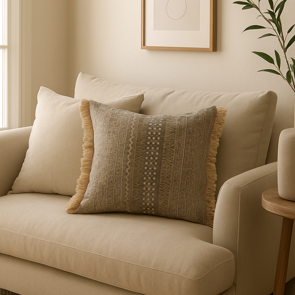 Coussin carré à franges à motif bohème beige ANITA