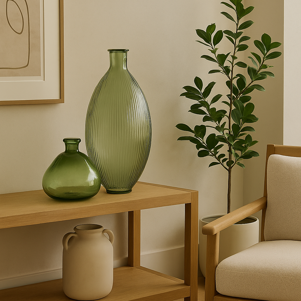 Vase bouteille dame jeanne vert en verre recyclé strié ÉLOI