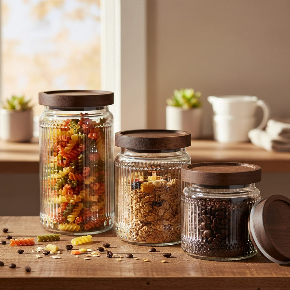 Set de 3 bocaux en verre côtelé