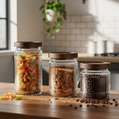 Set de 3 bocaux en verre côtelé