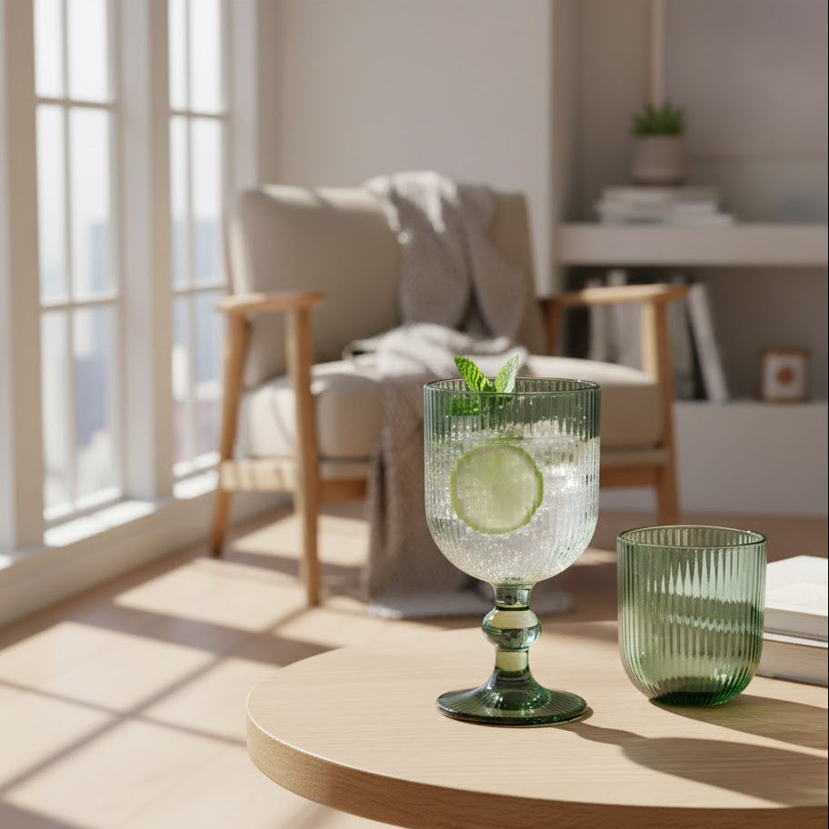 Verres sur pieds strié vert gris (6 Unités)