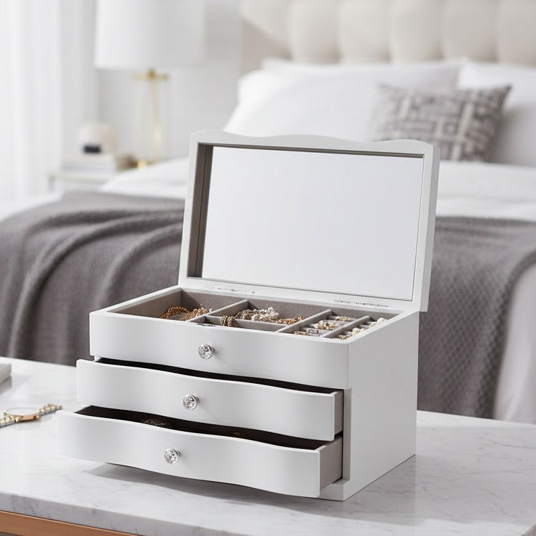 Boîte à bijoux avec tiroir et miroir blanche
