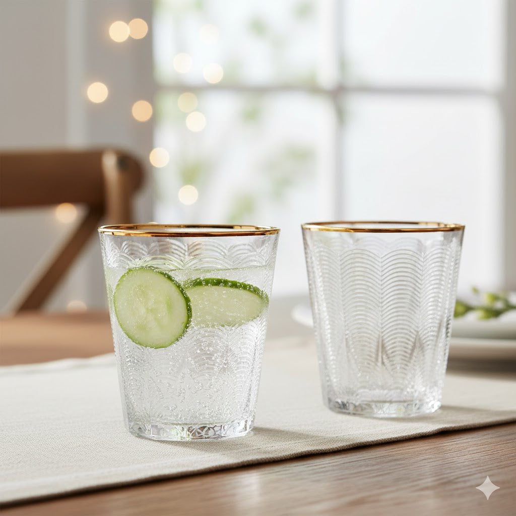 Set de 6 verres transparent avec relief et bordure dorée