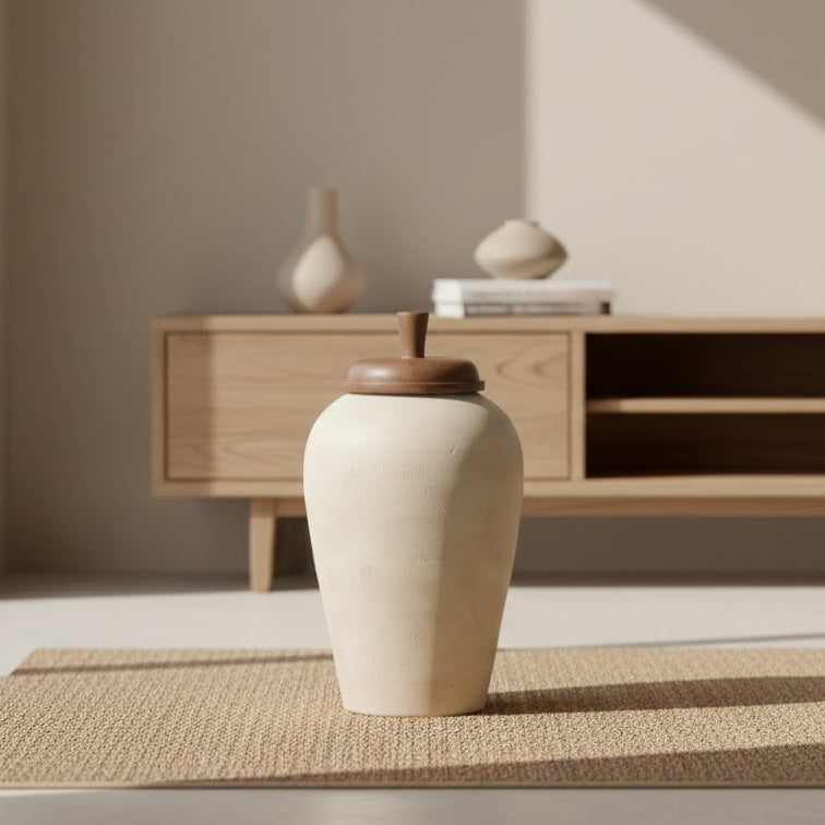 Vase Blanc Cassé avec couvercle en bois