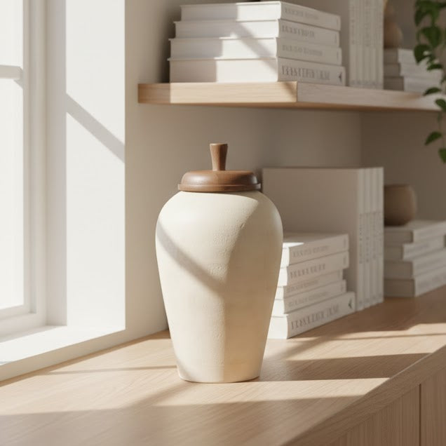 Vase Blanc Cassé avec couvercle en bois
