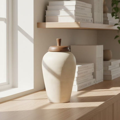 Vase Blanc Cassé avec couvercle en bois
