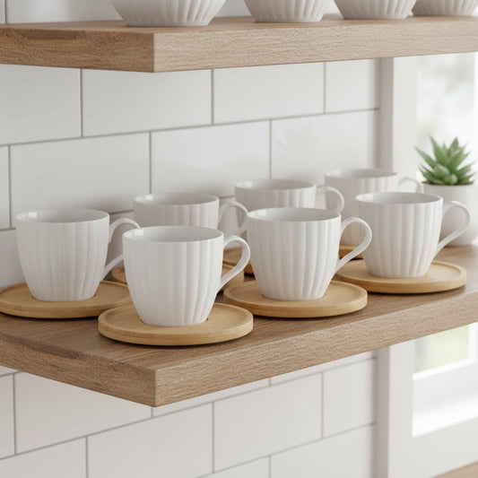 Lot de tasses en porcelaine avec soucoupes en bambou