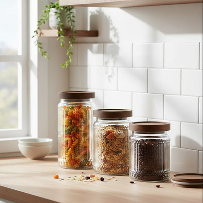 Set de 3 bocaux en verre côtelé
