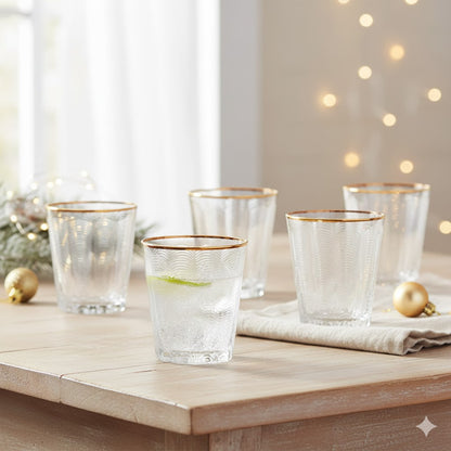 Set de 6 verres transparent avec relief et bordure dorée