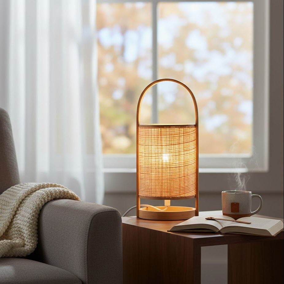 Lampe à poser en rotin et bambou avec anse